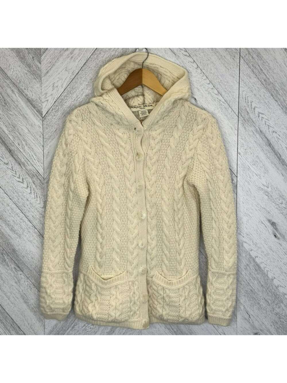 Aran Mor Ireland 100% Merino Wool Cardigan Sweater Womens Small Hooded Fisherman